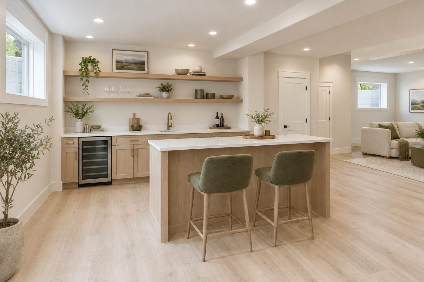A finished basement wet bar with light oak cabinets and white counters