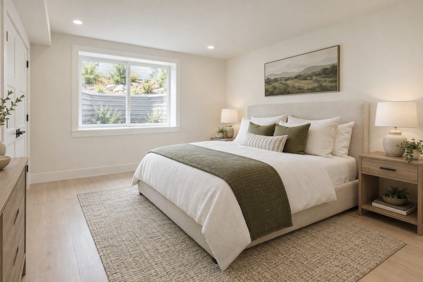 A finished basement guest bedroom with a large window